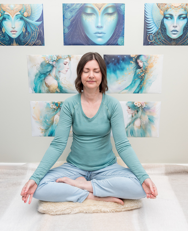 Debbie Andara, meditating with her AI art on the wall behind her